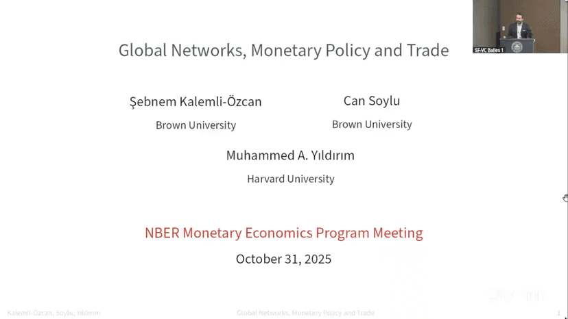 GLL PhD student affiliate Can Soylu presented \"Global Networks, Monetary Policy and Trade\" to NBER's Monetary Economics Program Meeting (Fall 2025). This work, coauthored with Şebnem Kalemli-Özcan and Muhammed A. Yıldırım, develops a New Keynesian Open Economy framework with input-output linkages to study the macroeconomic impact of tariffs and finds that network linkages can make inflation more persistent and output losses larger in response to trade distortions. After Soylu's presentation, Saroj Bhattarai (University of Texas at Austin) discussed the paper and Soylu answered questions from participants.